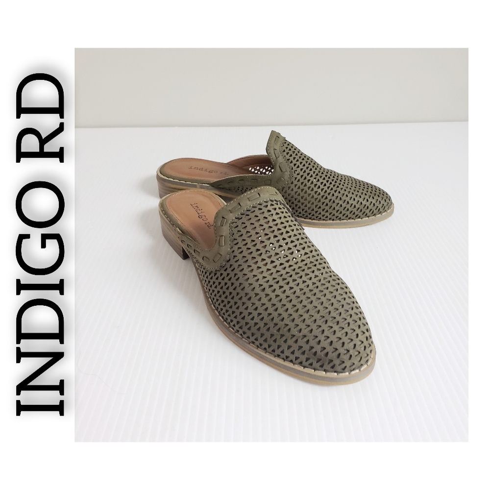 Indigo Rd Olive Color Slip on Mules Size 6 Perforated